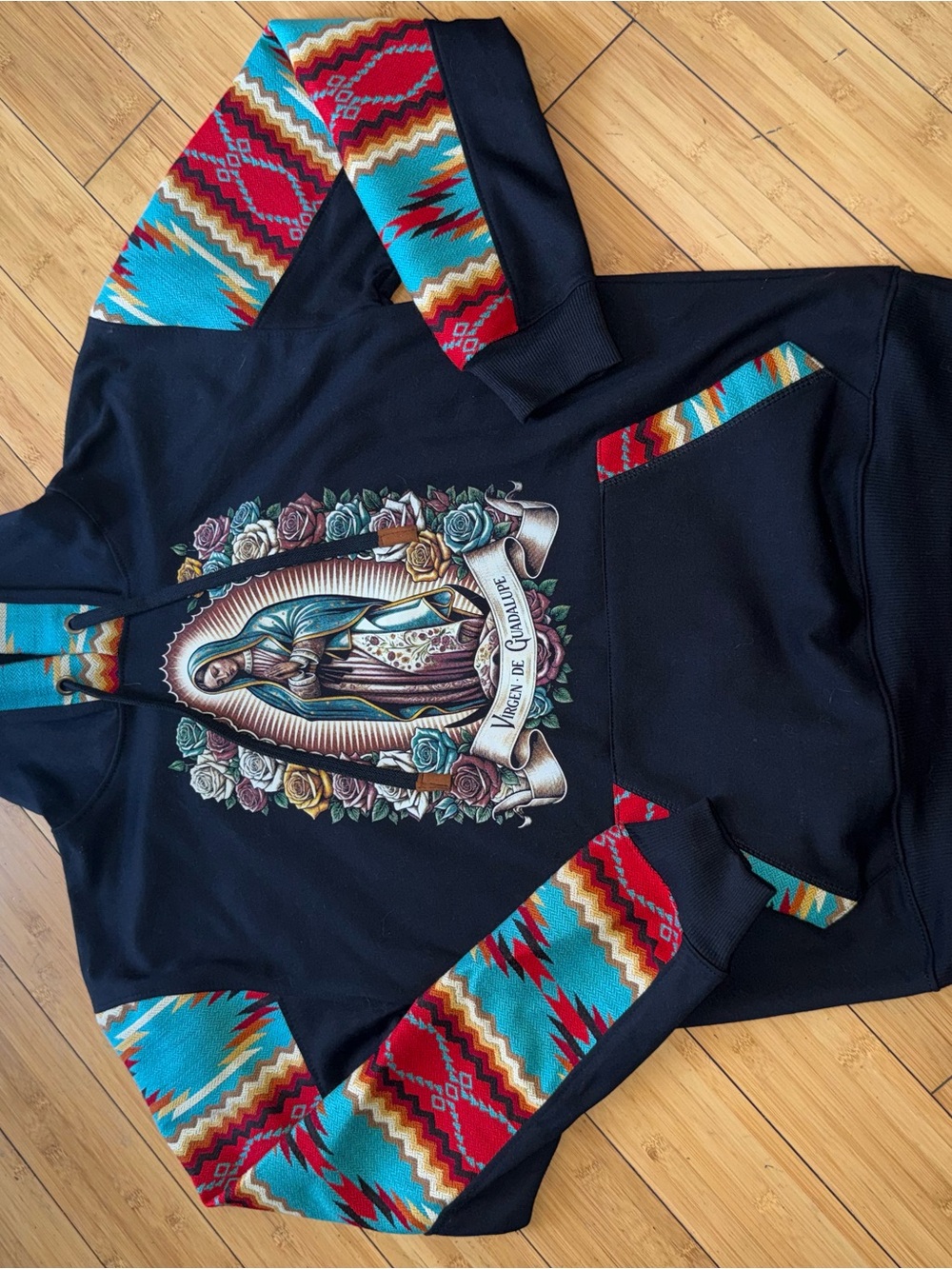 Lightweight Black Hoodie with Teal & Red Aztec Accents